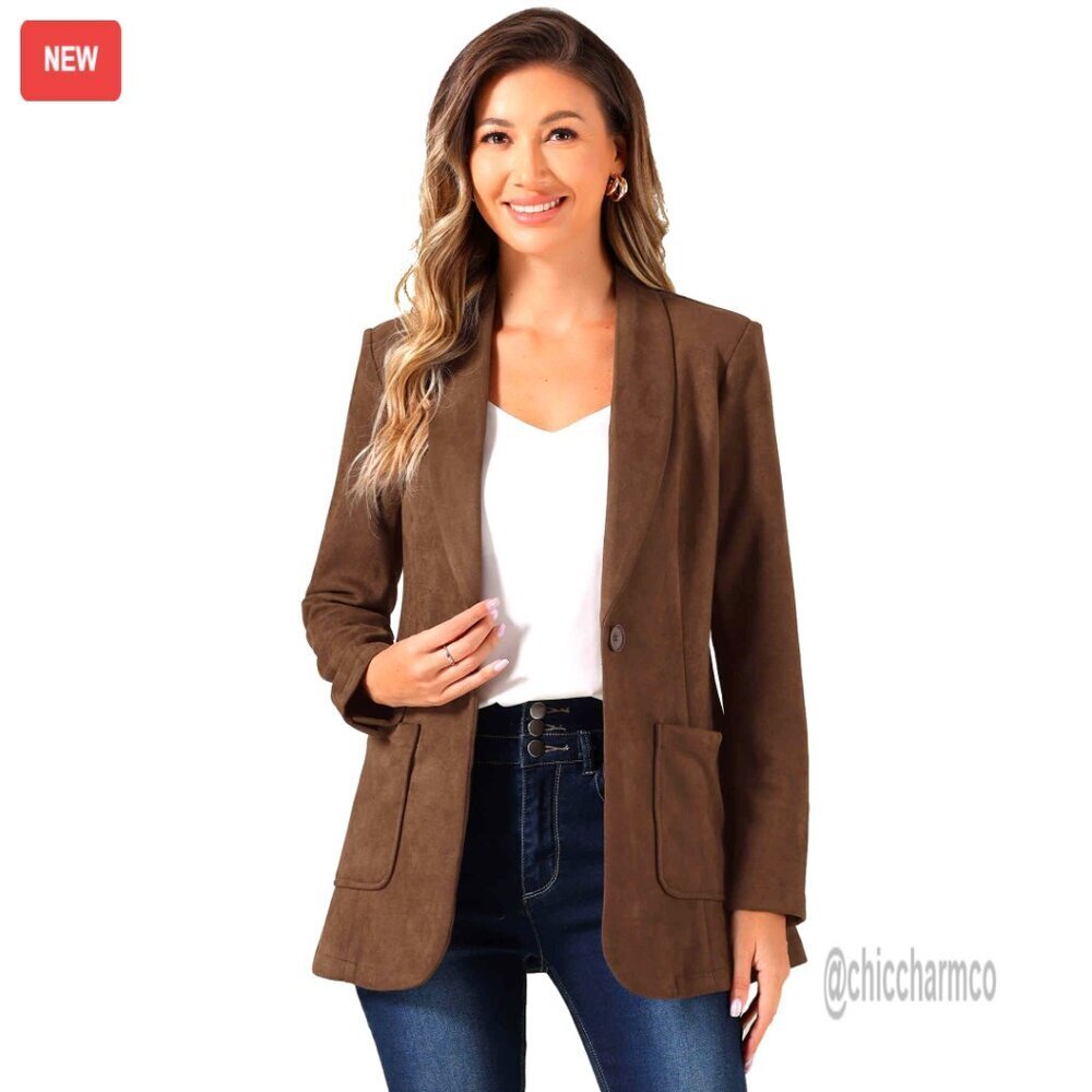 Faux Suede Blazer Lapel Collar One Button Dressy Chic Office Wear